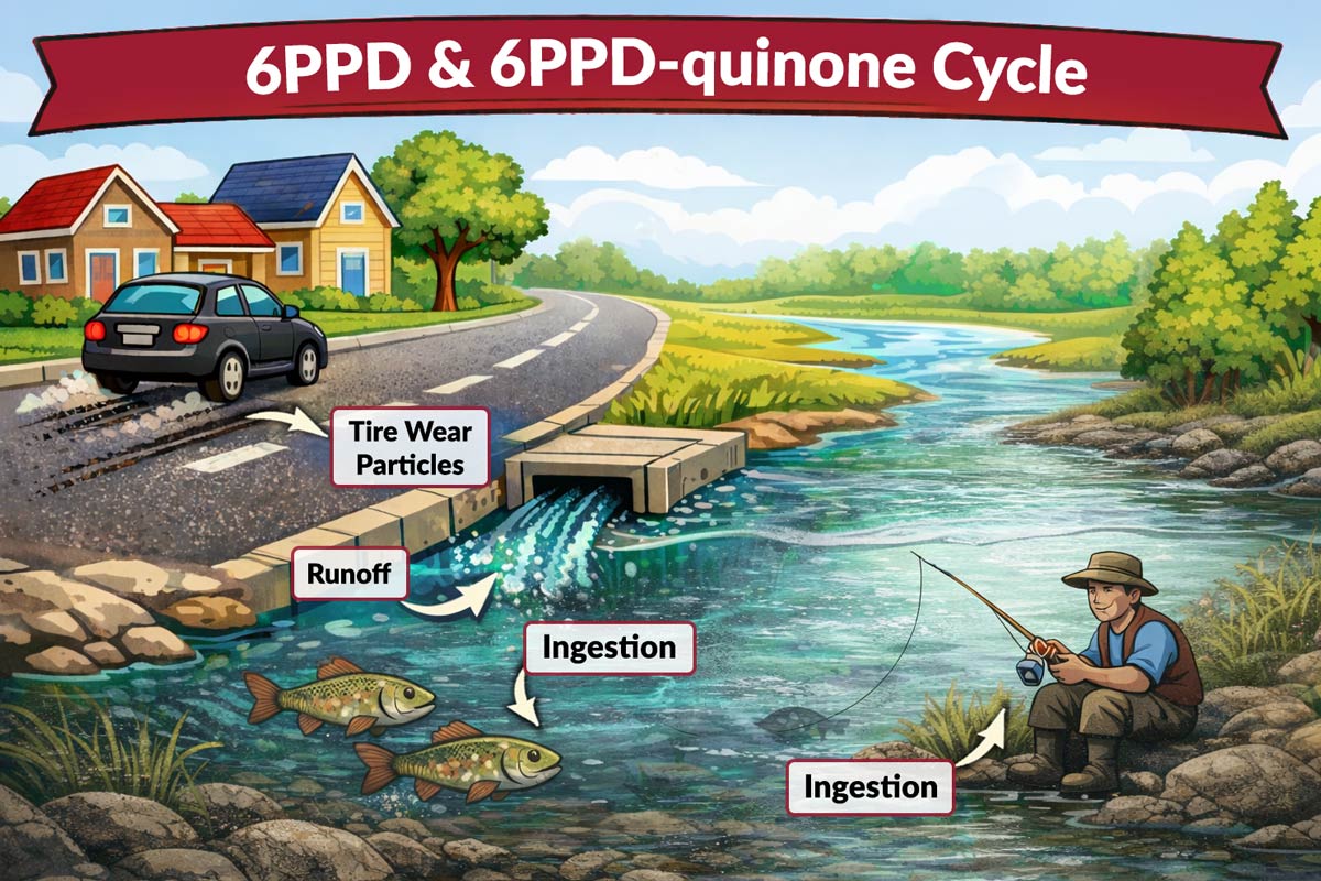 Infographic showing how 6PPD and 6PPD-Q compounds from tire wear are released and move through the environment.