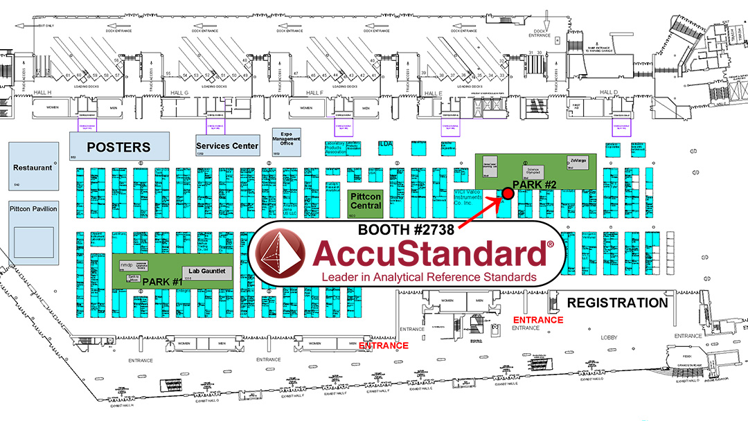 Map of Pittcon 2024 Conference showing AccuStandard at Booth #2738 between the entrance closest to registration and Park #2