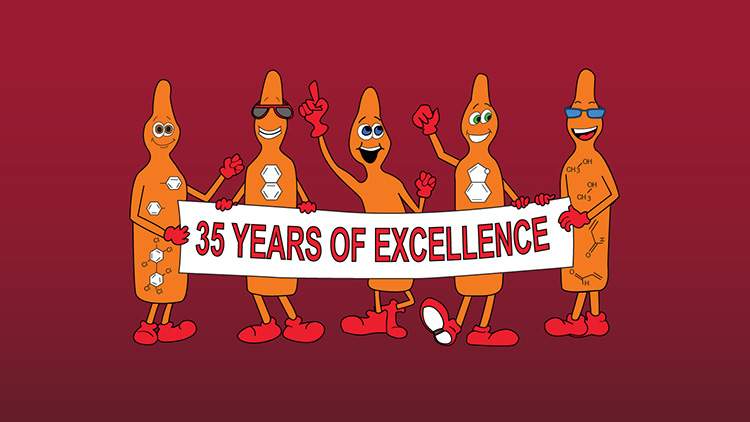 five cartoon ampules holding a banner celebrating 35 years of excellence