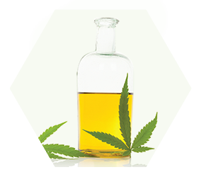 glass bottle of cannabis oil with hemp leaf beside it