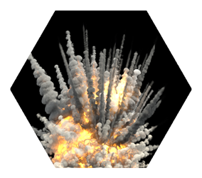 large fiery explosion with smoke clouds on black background