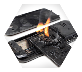 cell phone battery on fire close up