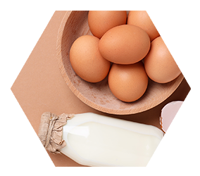 close up of brown eggs and glass milk bottle on tan background