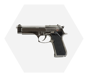 close up of black pistol on light gray background